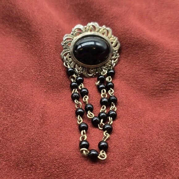 Vintage Victorian Revival Brooch Gold Tone Dangle Chain Beaded Black Stone Oval - Picture 1 of 5